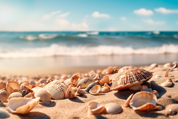 Conchas en la playa con el mar de fondo