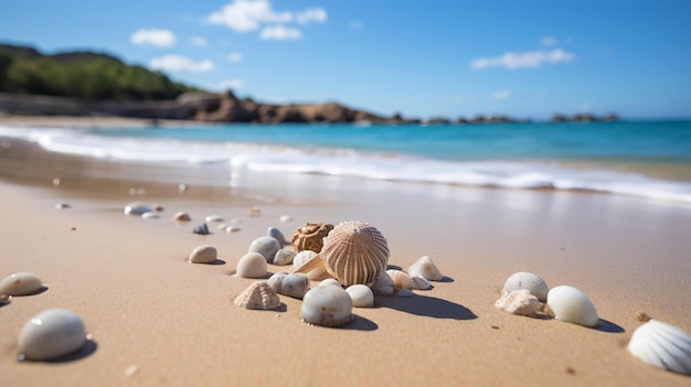 conchas en la playa y el océano al fondo