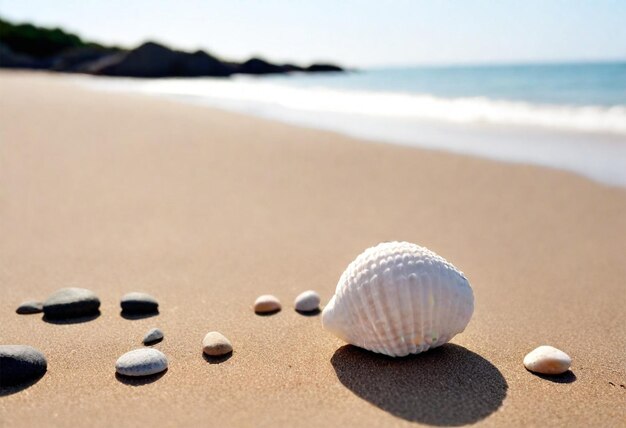 conchas en una playa con rocas y guijarros en la arena