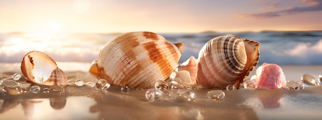 Foto conchas en la playa con salpicaduras y gotas de agua al atardecer ia generada