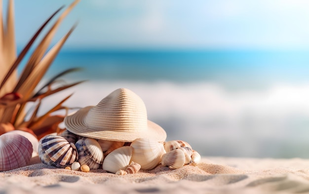 Conchas en la playa con un sombrero