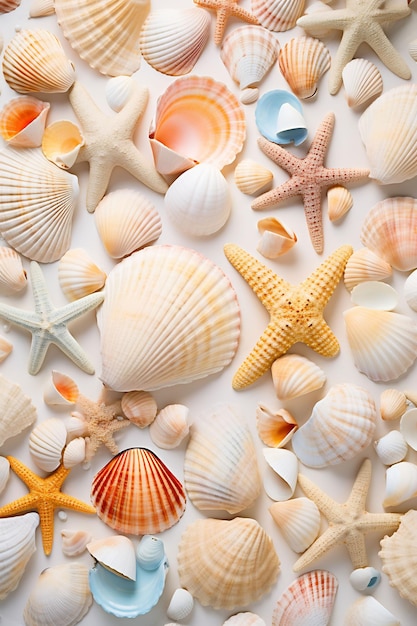 conchas sobre un fondo blanco con estrellas de mar y estrellas de mar