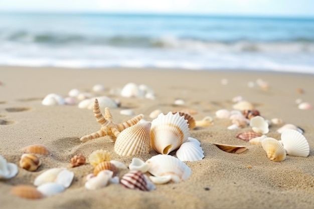 Las conchas tropicales esparcidas por la playa de arena