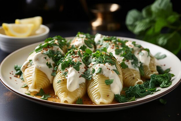 Foto conchiglie cremoso con espinaca y ricotta