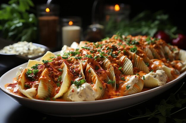 Foto conchiglie sabroso con salsa de crema de tomate