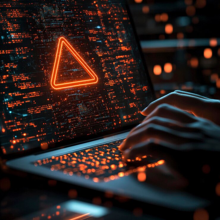 Foto concienciación sobre el cibercrimen con icono de advertencia y fondo futurista
