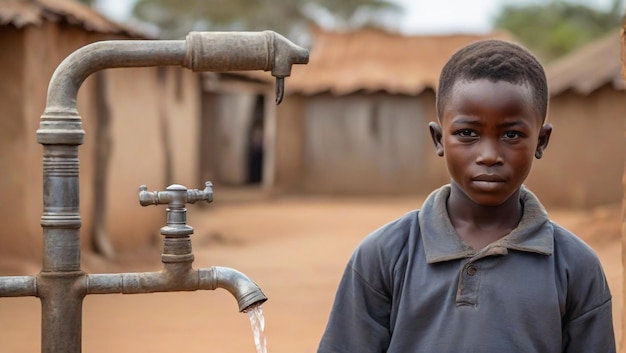 Una concienciación sobre el Día Mundial del Agua Un joven africano junto a un grifo de agua de una aldea expresando su preocupación