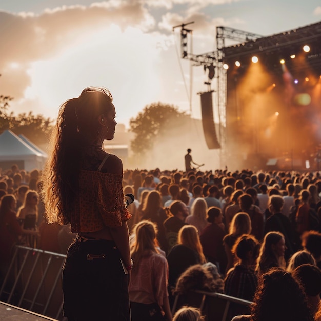 Concierto al aire libre con una mujer delante de la multitud Imagen