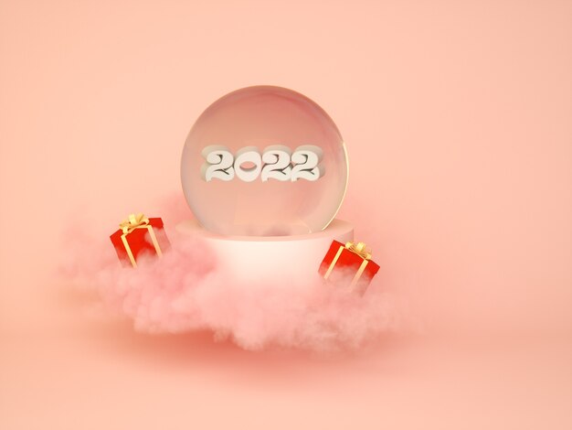 Concierto de año nuevo 2022, los números en nubes rosadas, render 3D. Diseño de tarjetas de felicitación 3D.