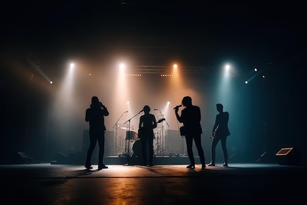 Concierto de banda de rock músicos en el escenario música en vivo luces y multitud IA generativa