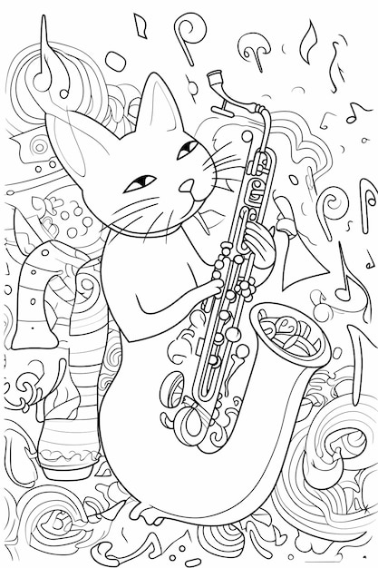 Foto concierto de gatos colorido página para colorear para niños con un felino musical