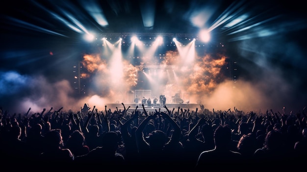 un concierto con una multitud de personas en el escenario y las luces en el fondo.