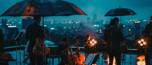 Foto concierto musical magic rainy rooftop con sombrillas musicnote y ambiente acústico