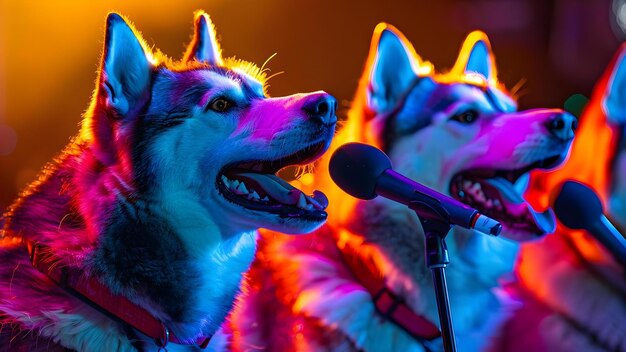 Concierto con temática discoteca con perros cantores Karaoke Huskies y micrófonos Concepto Concierto de tema discoteca Perros cantores karaoke Huskies Micrófonos