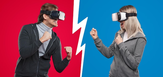 Foto concorrentes expressivos em óculos vr jogando videogame