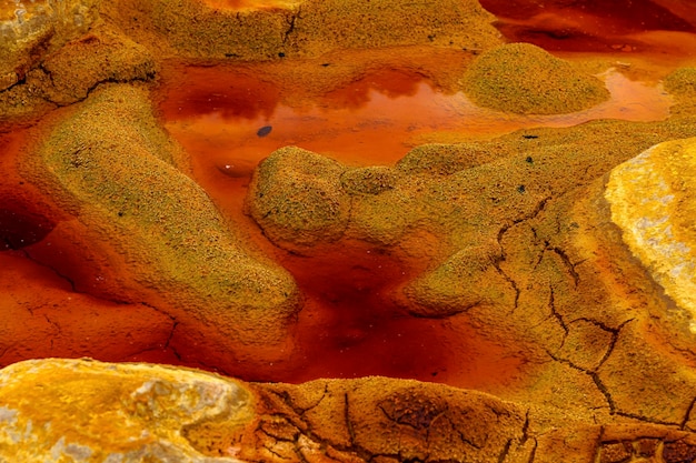 Concretas minerales amarillas en las aguas rojas de Rio Tintos