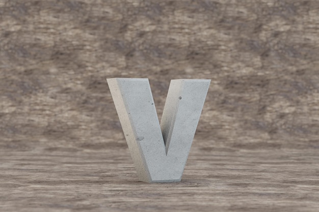 Concreto 3d letra V minúsculas. Carta de pedra dura com fundo de madeira. Alfabeto concreto com imperfeições. Personagem de fonte renderizada 3D.