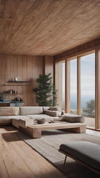 Concreto arquitectónico abstracto y interior liso de madera de una casa minimalista con color