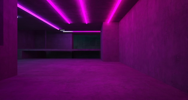 Concreto arquitetônico abstrato e interior branco de uma casa minimalista com neon gradiente de cores