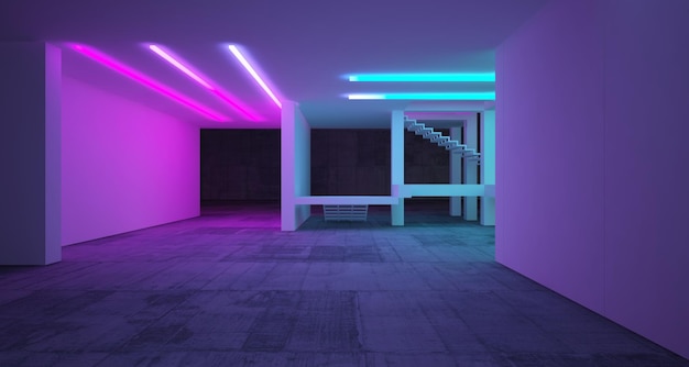 Concreto arquitetônico abstrato e interior branco de uma casa minimalista com neon gradiente de cores