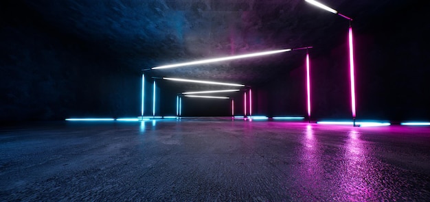 Concreto arquitetônico abstrato e interior de metal enferrujado de uma casa minimalista com ilustração 3D de iluminação neon colorida e renderização