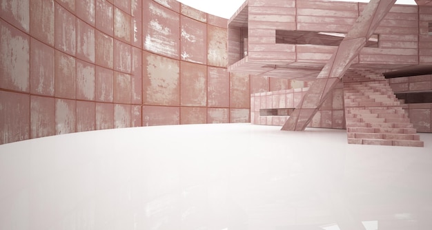 Concreto arquitetônico abstrato e interior de metal enferrujado de uma casa minimalista com néon