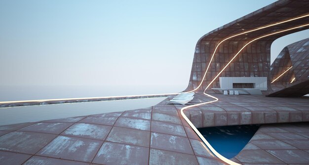 Foto concreto arquitetônico abstrato e metal enferrujado de uma villa moderna no mar com piscina