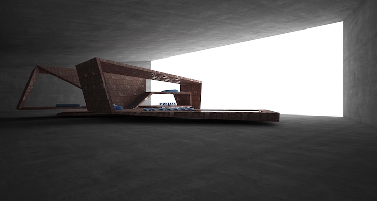 Foto concreto arquitetônico abstrato e metal enferrujado de uma villa moderna no mar com piscina
