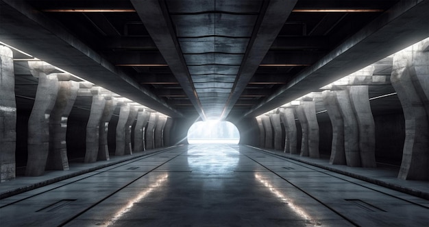 Concreto escuro led luzes brancas corredor do túnel subterrâneo corredor de asfalto do armazém corredor do túnel estrutura de metal fundo realista ilustração de renderização 3D Generative Ai