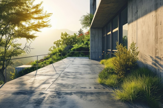 Concreto natural Una terraza iluminada por el sol con vistas a la exuberante vegetación