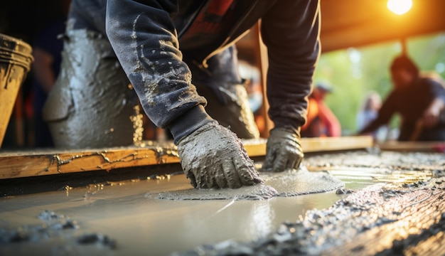 Concreto sendo derramado no canteiro de obras por um trabalhador dedicado