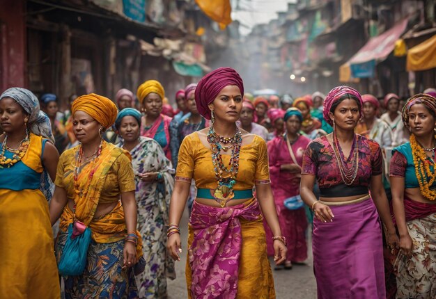 Foto una concurrida calle de la ciudad en el día internacional de la mujer llena de colores vibrantes y movimiento enérgico