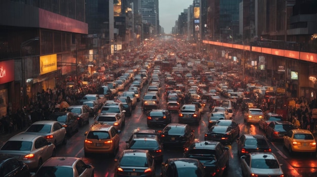 Una concurrida calle de la ciudad llena de mucho tráfico por la noche con muchos coches