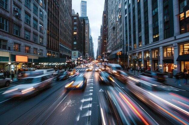 Una concurrida calle de la ciudad llena de mucho tráfico