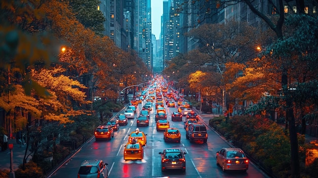 Una concurrida calle de la ciudad con mucho tráfico y edificios altos a ambos lados