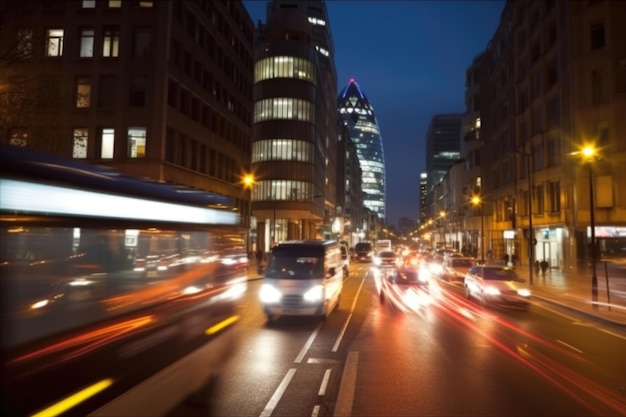 Concurrida calle de la ciudad por la noche coches rápidos y autobuses en movimiento borroso AI generativo AIG18