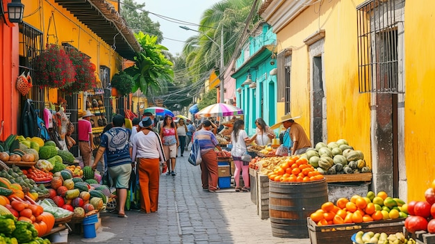 La concurrida calle del mercado en un lugar exótico