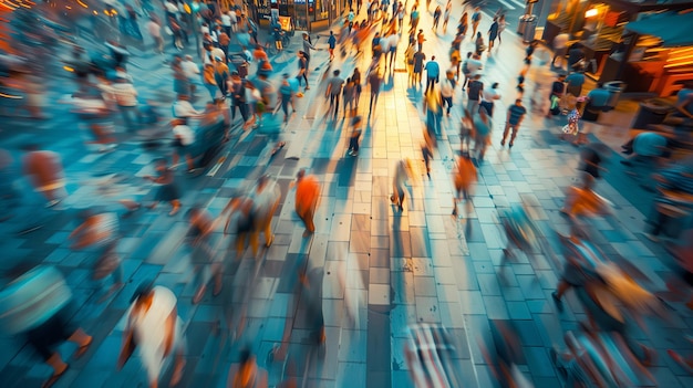 Foto la concurrida calle urbana de japón, el movimiento borroso de los peatones que se apresuran, la abarrotada vida de la ciudad, el ritmo rápido y