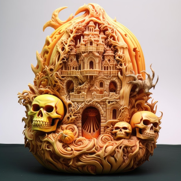 Un concurso de tallado de calabazas con diseños complejos y extravagantes.