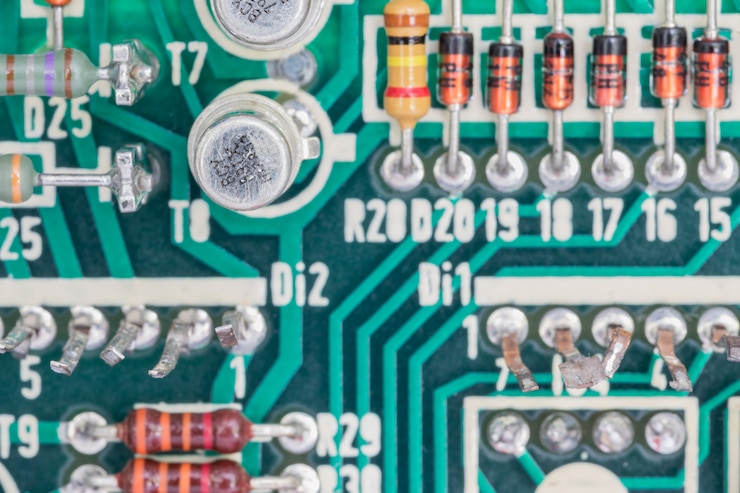 Foto condensadores e montagem do resistor na placa de circuito