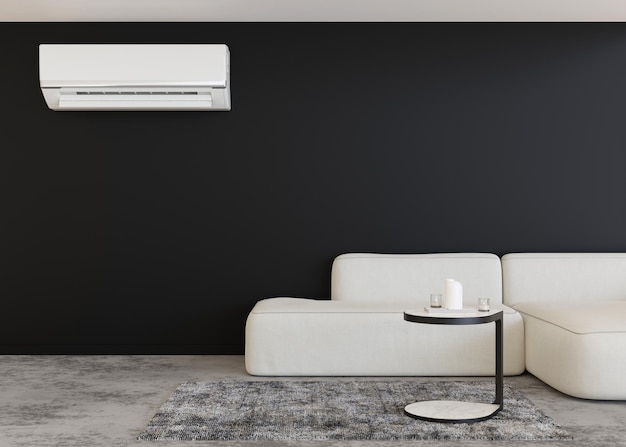 Condicionador de ar moderno pendurado na parede do quarto produto de refrigeração para clima quente no verão máquina que mantém o ar em um edifício fresco e seco interior moderno com renderização 3d de ar condicionado