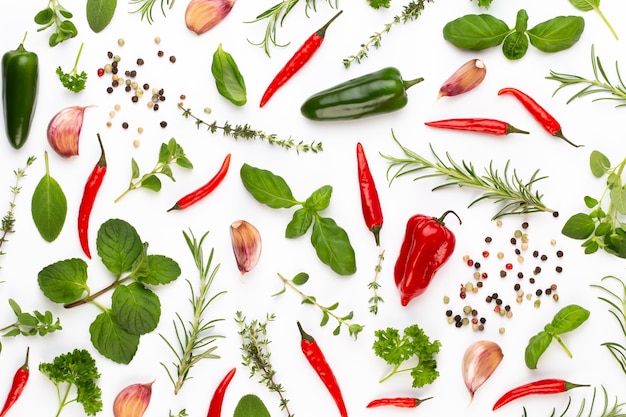 Condimente las hojas de hierbas y el ají en el espacio en blanco. Patrón de verduras. Floral y vegetales en espacios en blanco. Vista superior, endecha plana.