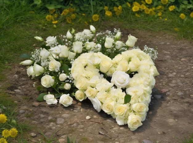 Condolencia en forma de corazón o flores funerarias cerca de un árbol en un cementerio