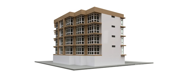 Condominio pequeño blanco y beige con ascensor y garaje. Representación 3D.