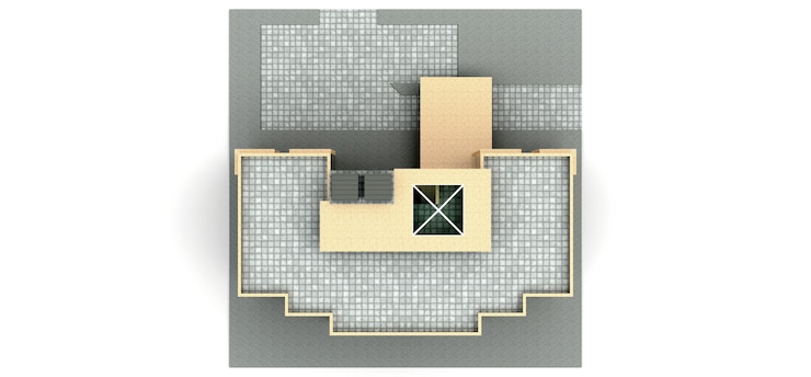 Foto condominio pequeño blanco y beige con ascensor y garaje. representación 3d.