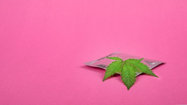 Foto condón y hoja de cannabis sobre fondo rosa, espacio de copia, concepto de drogas sexuales anticonceptivas