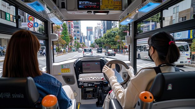 Condução autônoma de um ônibus público Passageiros fora de foco sentados na parte de trás do ônibus