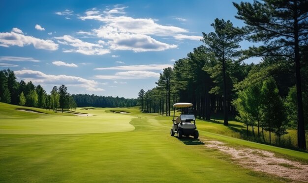 Foto condução de carrinho de golfe em campo de golfe