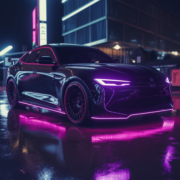 Condução noturna num carro futurista púrpura de néon