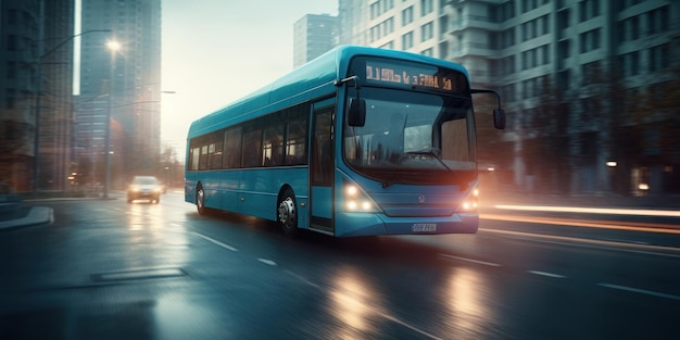 Conducción de autobuses en la carretera con fondo borroso del paisaje urbano Viajes y transporte Ai generativo